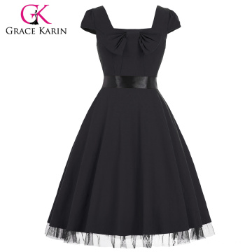 Грейс Карин фондовой Cap рукавом площади шеи высокая эластичные черный Ретро платье CL008951-1